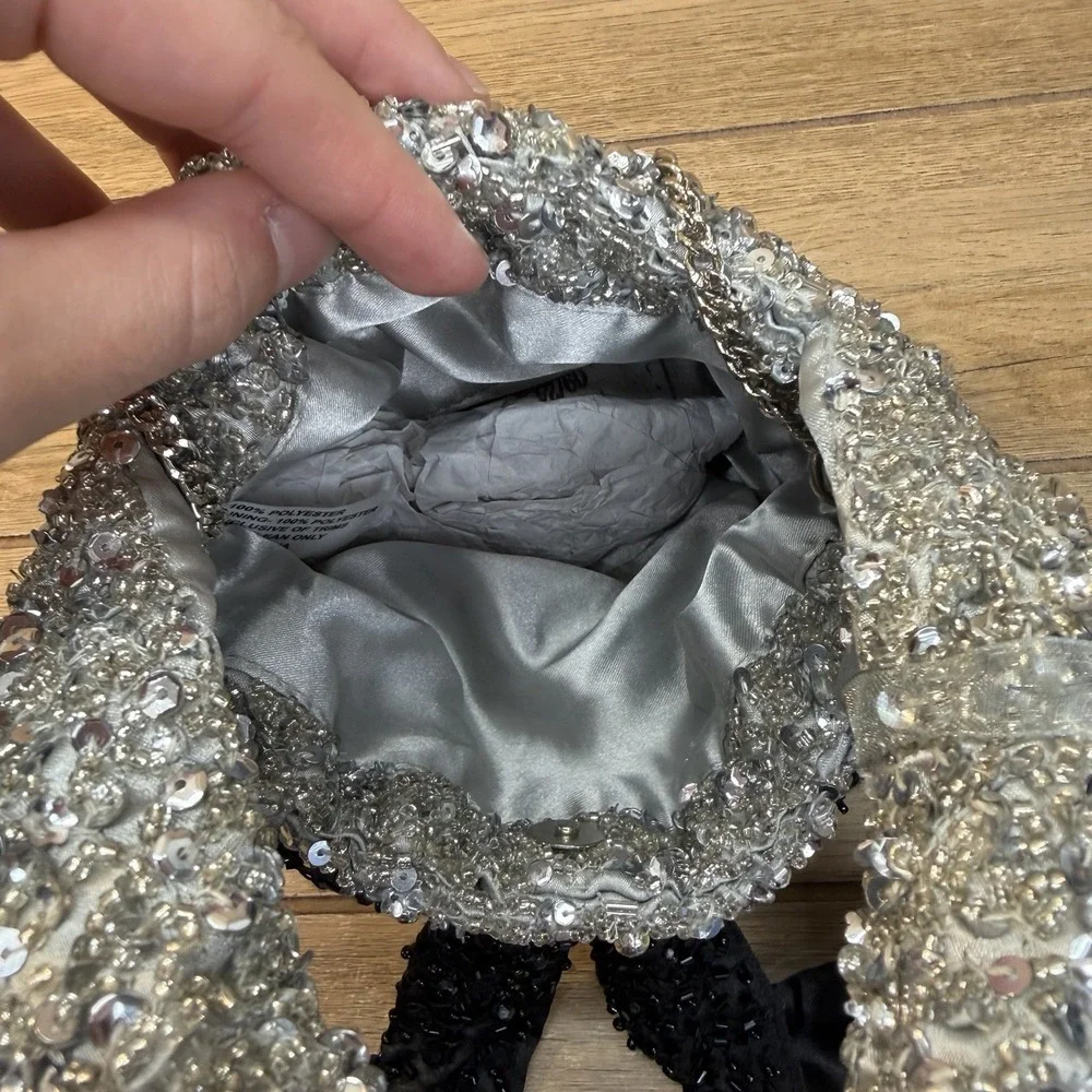 Silver Beaded Mini Bag Black Bow Crystal Sequin Sparkle Party Purse India